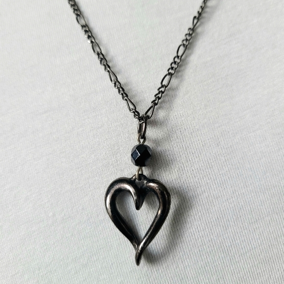 Dark Gun Metal Heart Necklace | Open Heart Pendant w/ 8" Chain - Picture 1 of 13